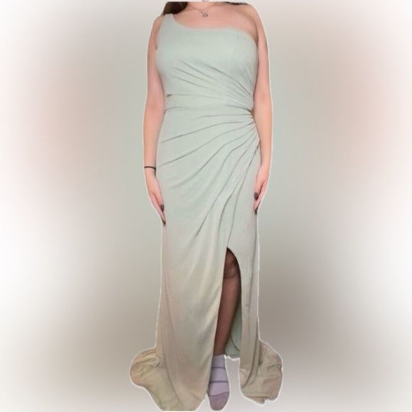 Azazie Dusty Sage One Shoulder Gown - Picture 11 of 12